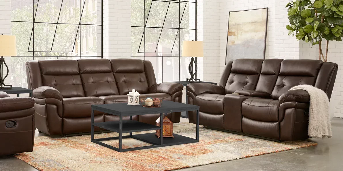 Genesis Brown Leather Power Reclining Living Room Set Includes Sofa and Loveseat with Storage Console