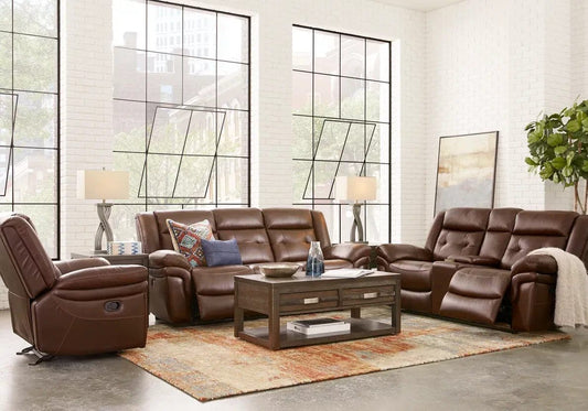 Genesis Brown Leather Power Reclining Living Room Set Includes Sofa and Loveseat with Storage Console